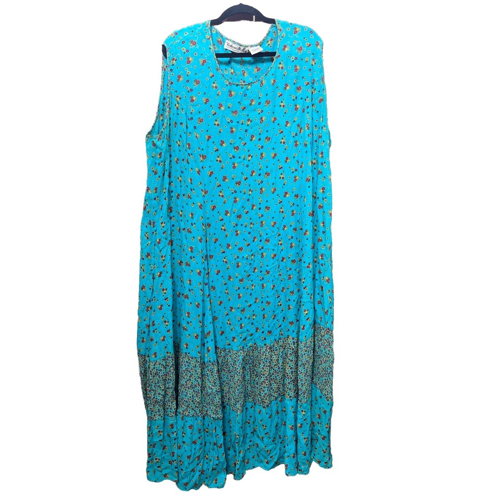 VICTORIA HOLLEY Dress‎ Maxi Blue Floral Crinkle Vtg 1XL